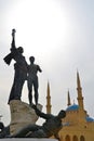 Martyrs` Square Monument and the Blue mosque in Beirut, Lebanon